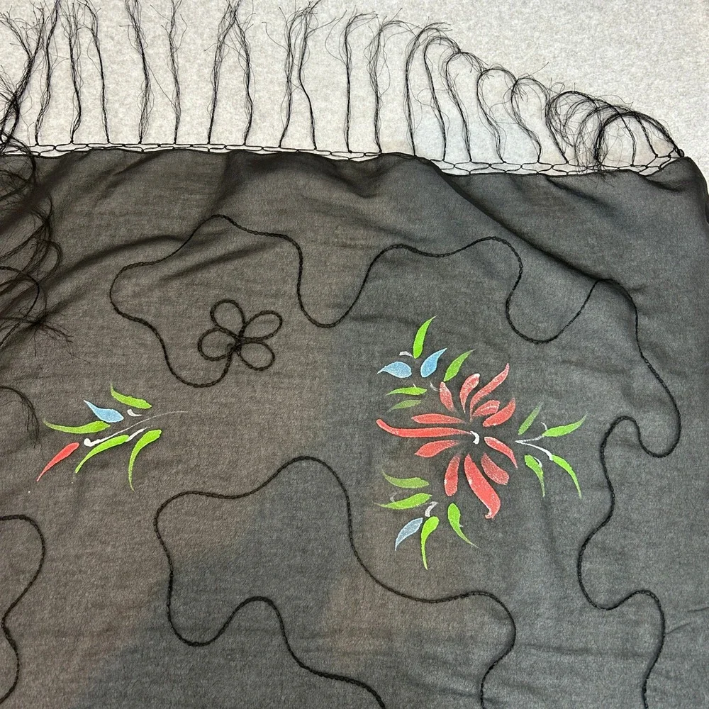 Black‎ Hand Painted Unbranded Scarf Floral Sheer Chiffon Fringe Wrap 70